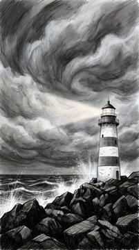 Black and white lighthouse standing on rocky shore under a stormy dark sky