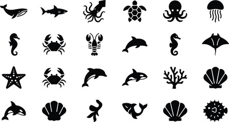 Fototapeta premium Sea life silhouette icons set featuring flat black vector elements of whale shark dolphin octopus jellyfish crab coral starfish and seashellSea life silhouette icons set featuring flat black vector el