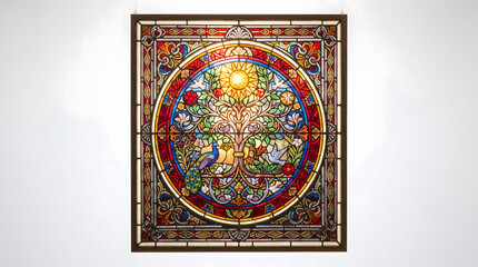 Obraz premium AI-generated glowing stained glass panel with vibrant colors and intricate patterns, isolated on pure white background, luminous cathedral-style art, 4K