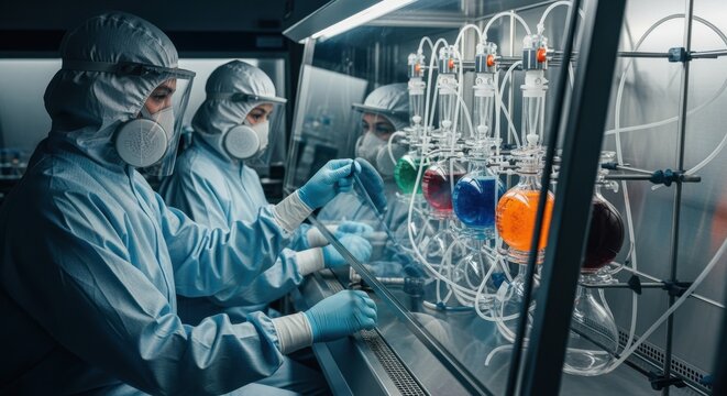 Laboratorians in full PPE operating multistage antiviral compound reaction vessels within a highcontainment isolator unit.