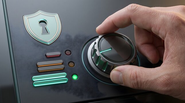 Activating cybersecurity defense system with hand turning control knob representing network protection and data privacy settings