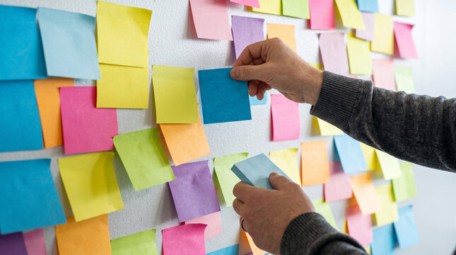 A person placing a sticky note on a collaborative project wall, surrounded by various colorful notes for brainstorming and task management in a modern office environment.