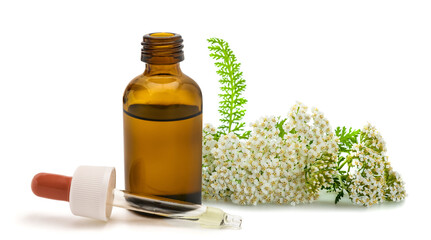 Yarrow Flowers with Dropper Bottle Isolated on White Background © Scisetti Alfio