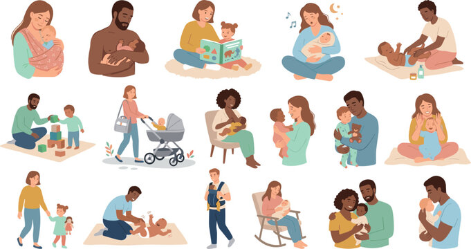 Flat vector illustration collection of diverse parents caring for babies happy families parenting routines and diverse motherhood scenes on white background.