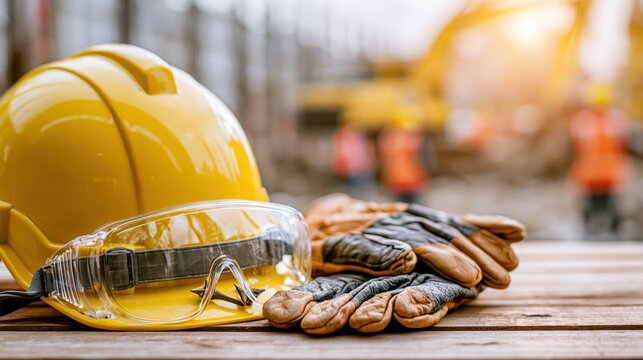 A yellow hard hat and safety gear sit on a wooden table at a construction site