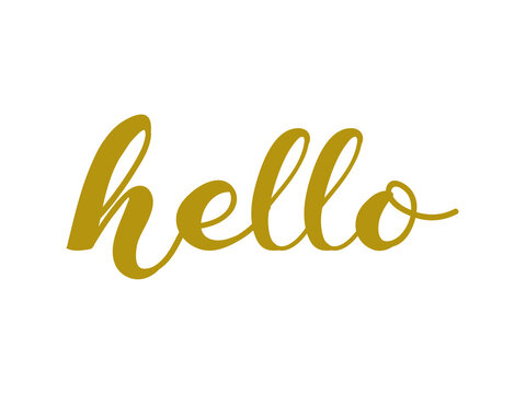 Handwritten hello text in cursive gold font
