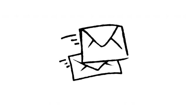 Animated 4K fast group mailing doodle icon. Hand drawn line art on black and green screen chroma key background for mass email newsletter, multiple envelopes, postal sending, and dispatch.