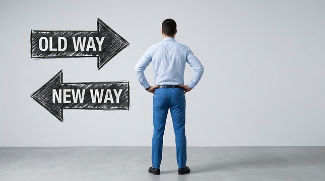 Business professional choosing innovation over outdated methods. Man comparing new strategy versus old approach in modern office setting.