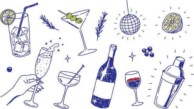 Hand drawn cocktail drinks and bar accessories with festive sparkle and disco ball elements for celebration