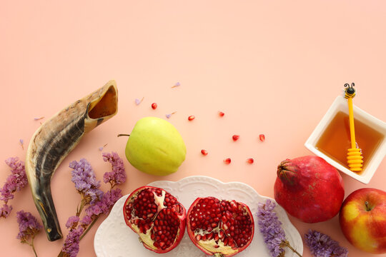Rosh hashanah (jewish New Year holiday) concept. Traditional symbols