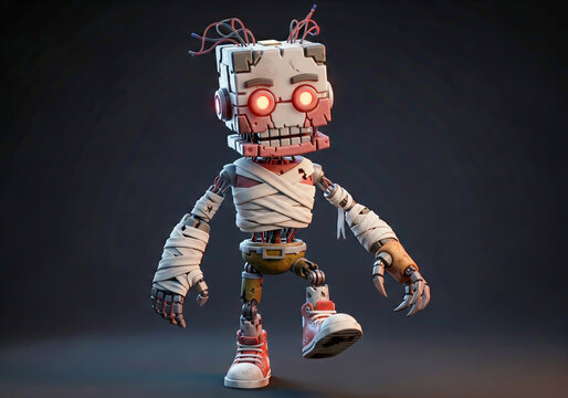 Creepy mummy robot character with glowing red eyes