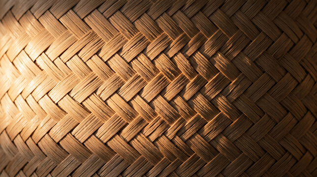 Macro close-up shot of woven bamboo texture pattern under natural warm light