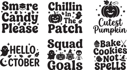Obraz premium Halloween SVG quotes bundle, 6 spooky autumn typography designs, black pumpkin and ghost vector illustrations for t-shirts and crafts