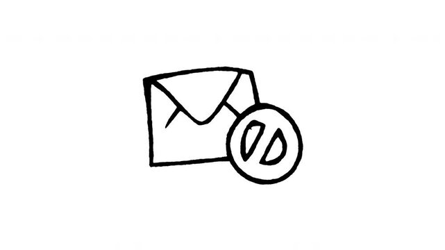 4K hand drawn mail disabled or blocked icon featuring boiling line movement. Frame by frame doodle art on black and green screen backgrounds for blocked email, message ban, and spam filter.