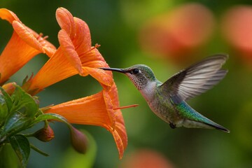 Naklejka premium Hummingbird feeding from orange trumpet flower in garden