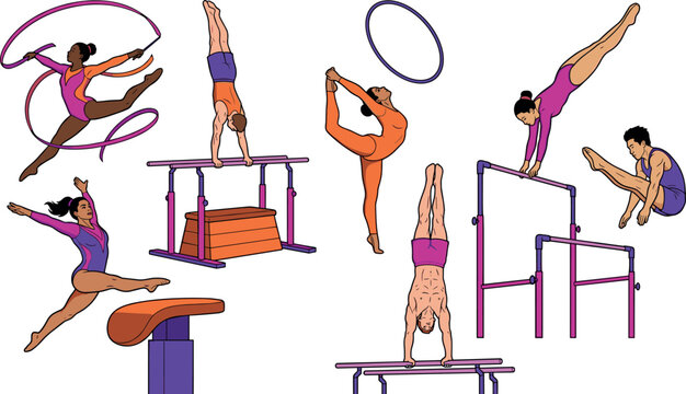 Artistic and Rhythmic Gymnastics Character Vector Set Featuring Diverse Male and Female Athletes Performing Ribbon Dance, Hoop Leaps, Parallel Bars Handstands, and Vault Jumps