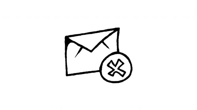Animated 4K mail error or cancelled doodle icon. White hand drawn line art on black and green screen backgrounds for send failure, cancelled envelope, email cross, and delivery issue edits.