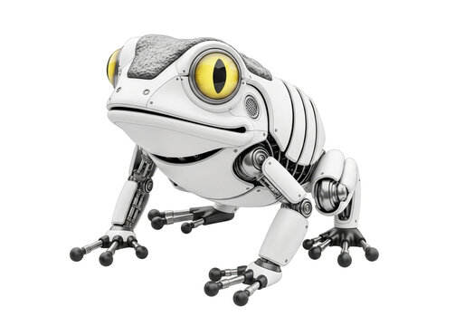 Futuristic robotic frog with yellow eyes