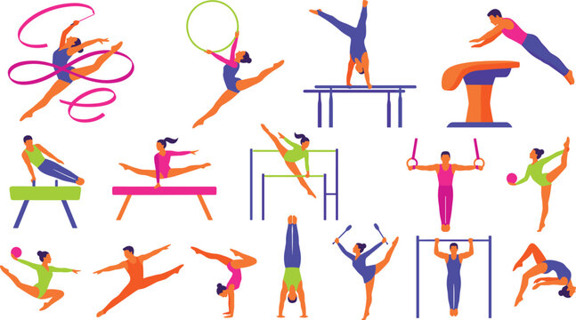 Artistic and Rhythmic Gymnastics Icon Set with Flat Line Vector Symbols for Vault, Balance Beam, Ribbon, Hoop, Parallel Bars, and Sports Competition Equipment