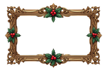 Obraz premium Ornate gold Christmas frame with holly decorations isolated on transparent background