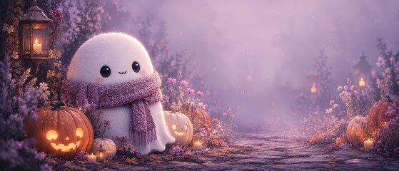 Obraz premium Enchanting halloween setting featuring an adorable ghost amidst glowing pumpkins and lanterns in a magical garden