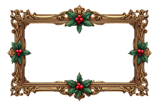 Ornate gold Christmas frame with holly decorations isolated on transparent background