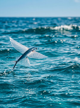A flying fish leaps from blue ocean waves with wings spread wide in mid air against clear sky horizon.