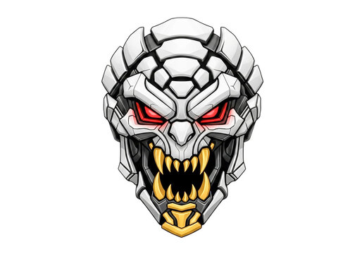 Mechanical robot skull head with glowing red eyes and teeth