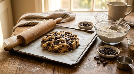 Fototapeta premium Raw chocolate chip cookie dough on a baking sheet with a rolling pin on a rustic wooden kitchen table. easy baking ideas