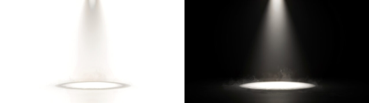 Warm white spotlight with fog on an empty stage, on transparent background