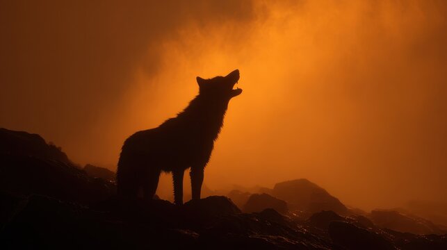 Majestic wolf silhouette howling against a fiery orange sky at dusk on a rocky mountain peak