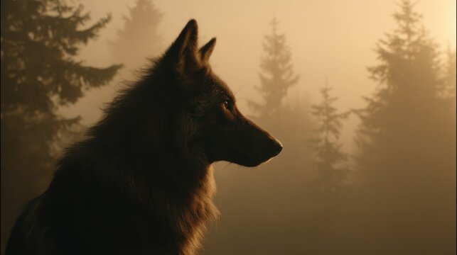 Majestic Wolf's Profile in Misty Forest at Sunrise