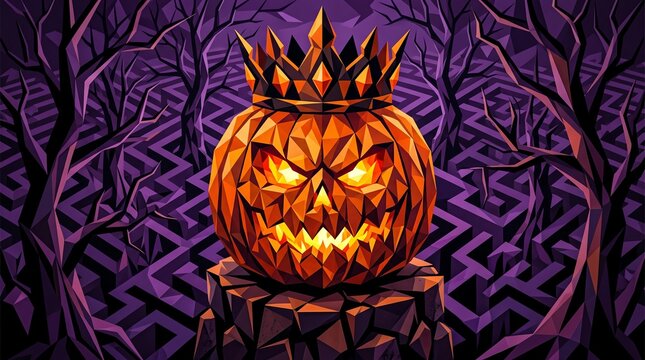 Spooky Geometric Pumpkin King with Crown Halloween Background