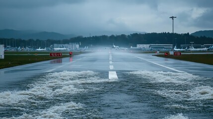 Fototapeta premium Airport Runway Submerged Underwater Due to Heavy Flooding