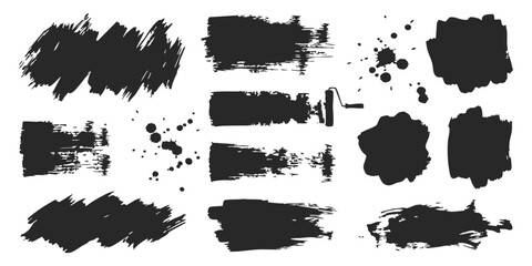 Fototapeta premium Set of black ink brush strokes and paint splashes for creative design elements and artistic graphic texture