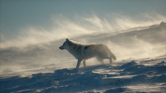 Powerful white arctic wolf walks through a snowy blizzard environment
