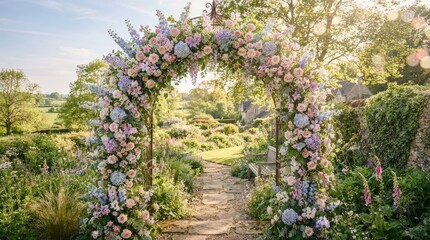 Obraz premium A beautiful floral archway stands in a lush garden, adorned with a vibrant array of pastel flowers.