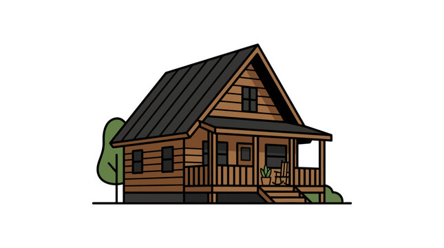 Illustration of a rustic wooden cabin with a dark roof.