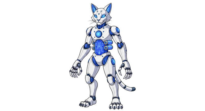 Futuristic robot cat standing in a metallic armored suit