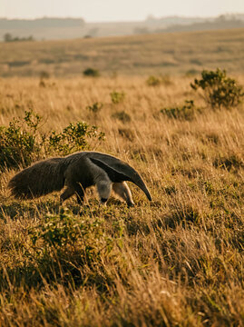 Giant anteater foraging in dry savanna grassland at golden hour with scattered shrubs and distant hills under warm sunlight.