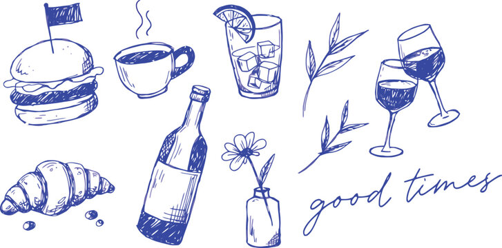 Hand drawn sketch of wine glasses cocktail coffee burger croissant and bottle celebrating good times