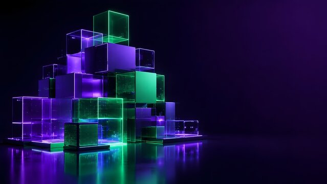 Abstract glowing neon green and purple glass cubes stacked in pyramid structure representing futuristic digital cyberspace and blockchain technology
