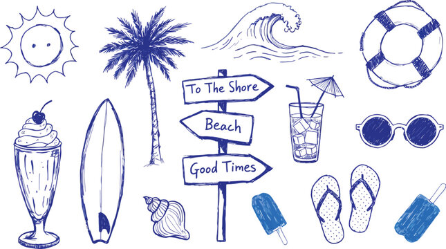 Hand drawn summer beach elements in blue ink on white background with sun surfboard palm tree waves and sunglasses