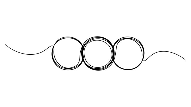 Three circles drawn in a single continuous black line isolated on a white background Vector, illustration