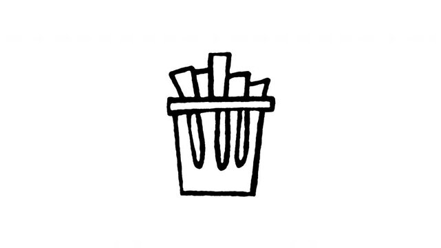 4K animated trash can with waste doodle icon. Frame by frame line art on black and green screen chroma key background for delete bin, document remove, office garbage, and basket disposal.