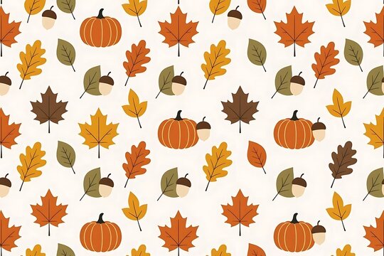 Seamless vector pattern of falling autumn leaves, acorns, and pumpkins. Minimalist fall aesthetic background in warm earth tones for paper craft and packaging.