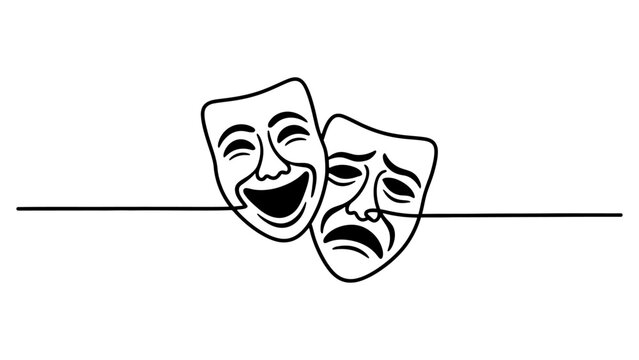 Black and white theater masks silhouette showing happy and sad faces for drama and comedy performance art isolated on a white background Vector, illustration