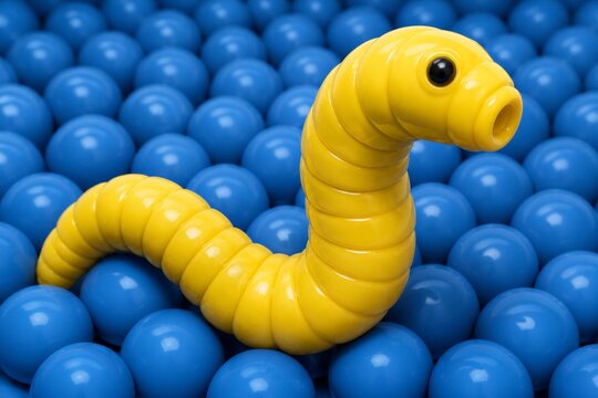 Yellow segmented toy worm resting among blue ball pit