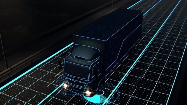 Autonomous Semi Truck Driving at Night with AI HUD Technology Visualization. Self-Driving Electric Cargo Semi-Truck Scans Road and Activates Smart Autopilot Controls for Future Logistics Concept