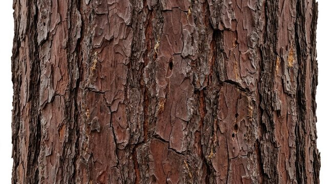 Close up view of a rough textured pine tree bark surface isolated on a white background